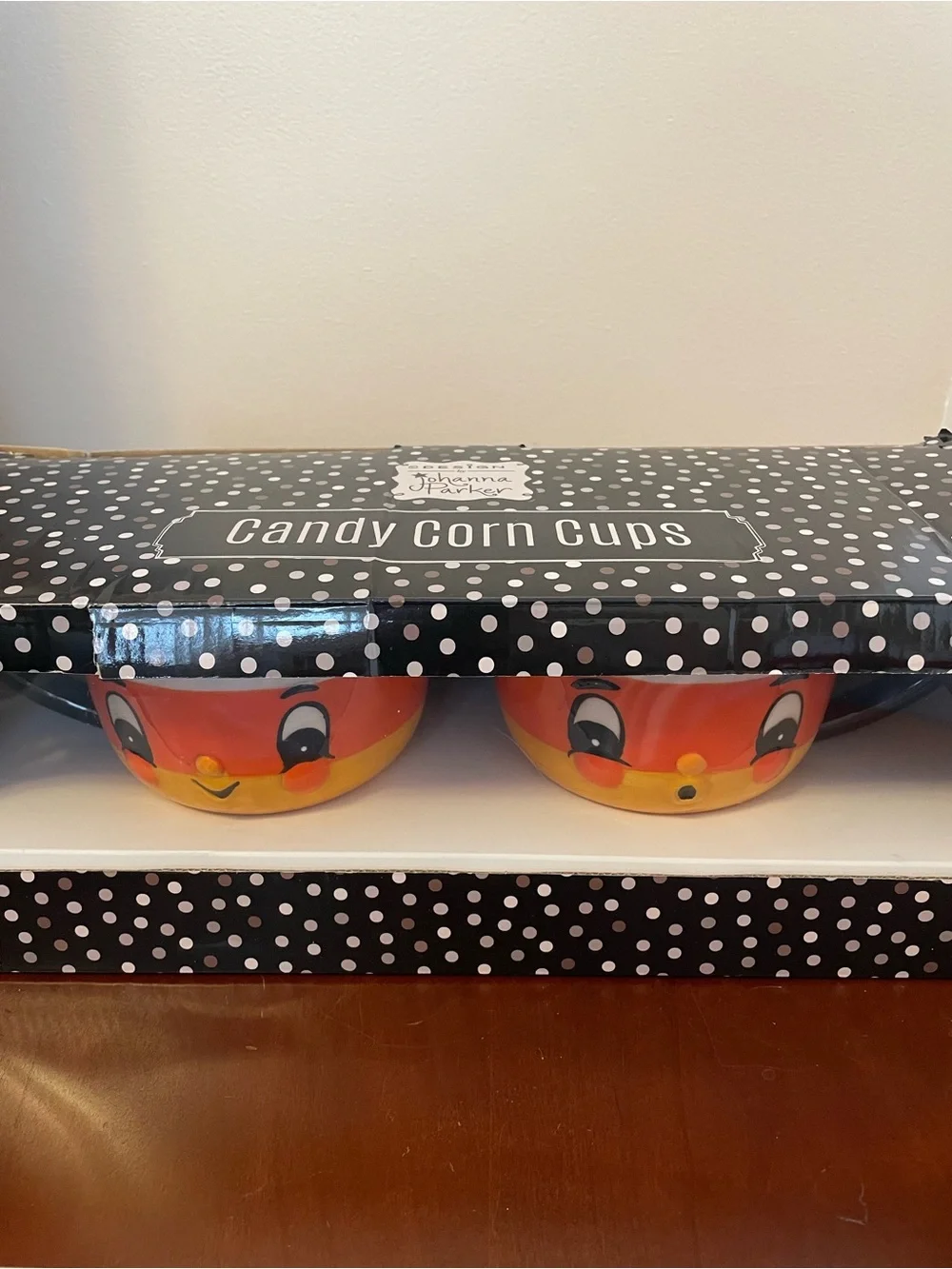 NIB JOHANNA PARKER SET OF 2 CANDY CORN MUGS Cups Halloween Holiday Tea Coffee
